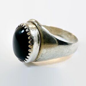 Vintage Sterling Silver Onyx Ring: Unisex Oval Cabochon Mens Pinky Ring